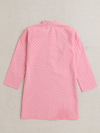 Full Sleeves Floral Print Kurta set with Jacket- Pink