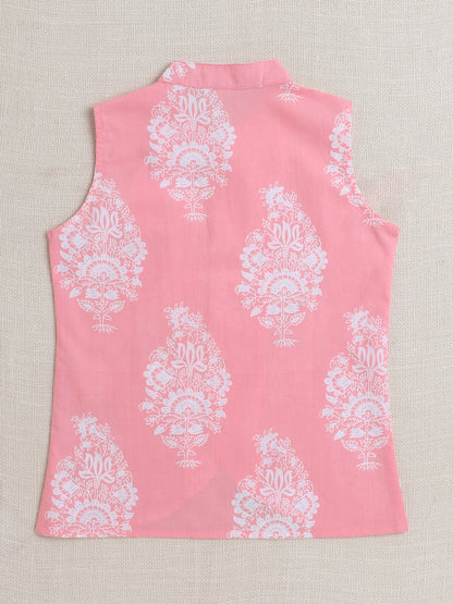 Full Sleeves Floral Print Kurta set with Jacket- Pink