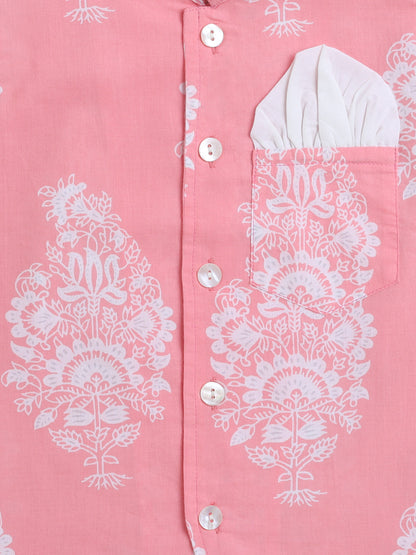 Full Sleeves Floral Print Kurta set with Jacket- Pink