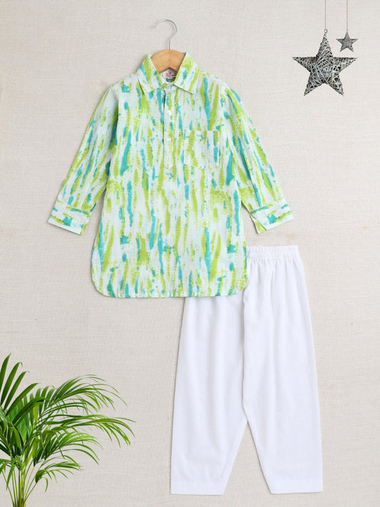 Cotton Full Sleeves Tie Dye Kurta With Pyjama Set - Green