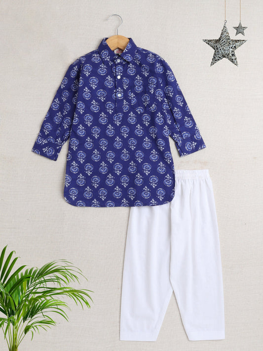 Cotton Full Sleeves Floral Printed Kurta With Pyjama Set - Blue