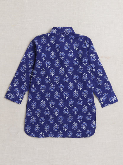 Cotton Full Sleeves Floral Printed Kurta With Pyjama Set - Blue