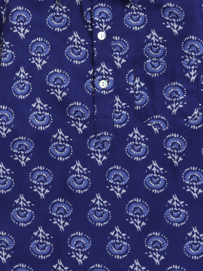 Cotton Full Sleeves Floral Printed Kurta With Pyjama Set - Blue