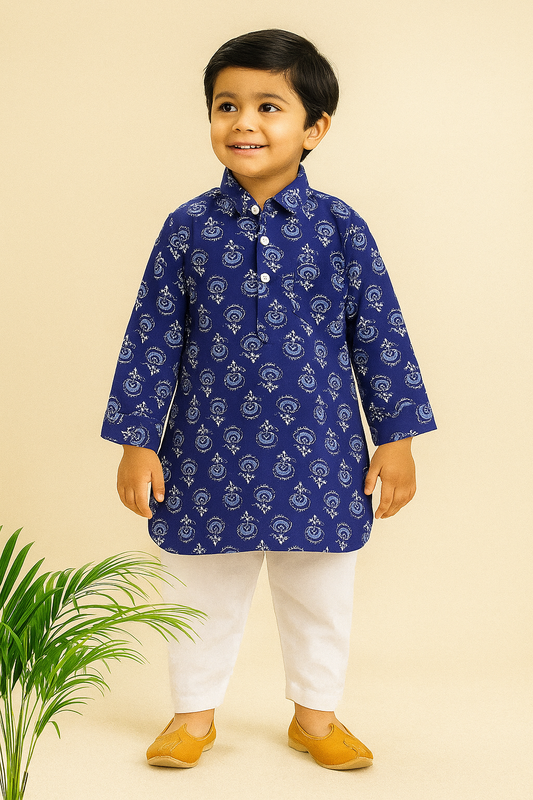 Cotton Full Sleeves Floral Printed Kurta With Pyjama Set - Blue