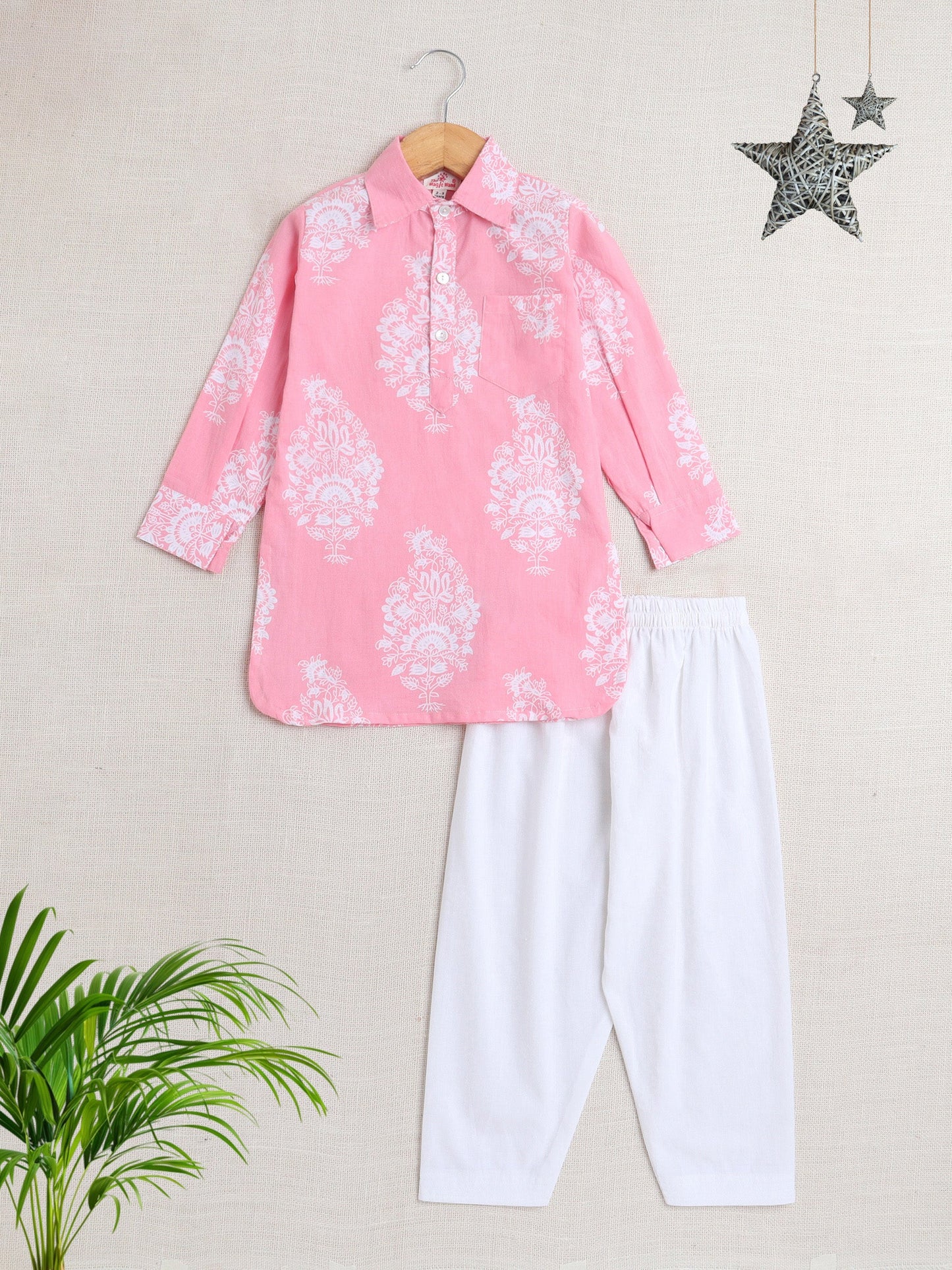 Cotton Full Sleeves Floral Printed Kurta With Pyjama Set - Pink