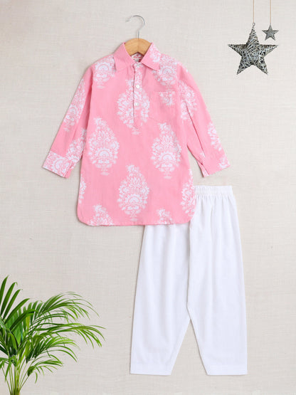 Cotton Full Sleeves Floral Printed Kurta With Pyjama Set - Pink