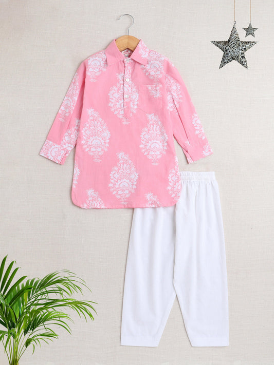 Cotton Full Sleeves Floral Printed Kurta With Pyjama Set - Pink