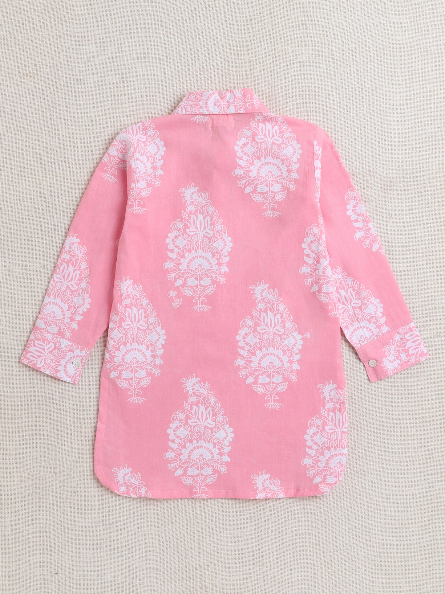 Cotton Full Sleeves Floral Printed Kurta With Pyjama Set - Pink