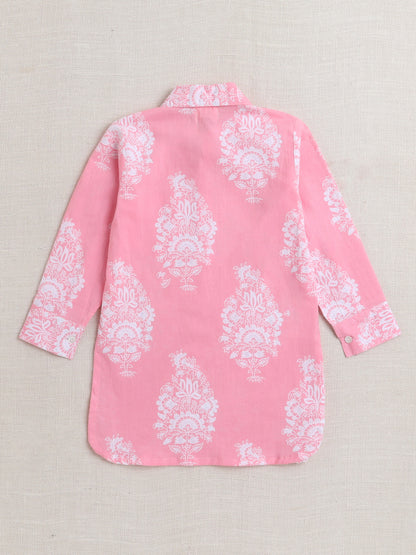Cotton Full Sleeves Floral Printed Kurta With Pyjama Set - Pink