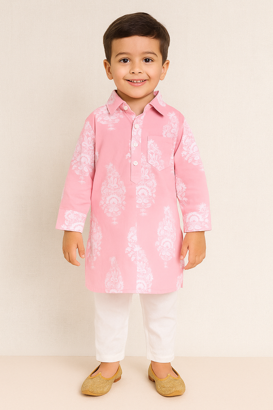Cotton Full Sleeves Floral Printed Kurta With Pyjama Set - Pink