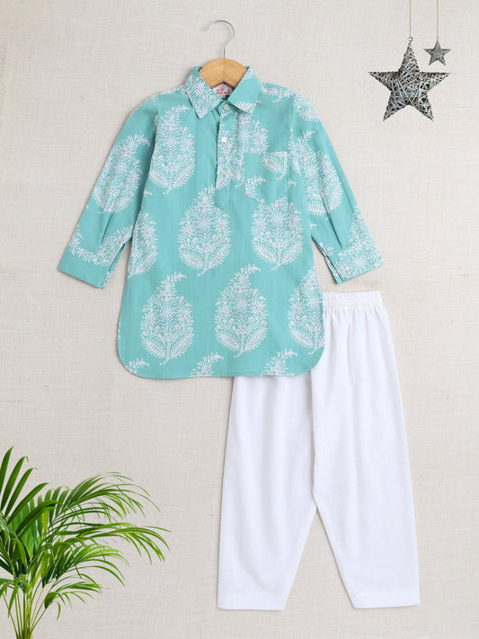 Cotton Full Sleeves Floral Printed Kurta & Pyjama Set - Blue