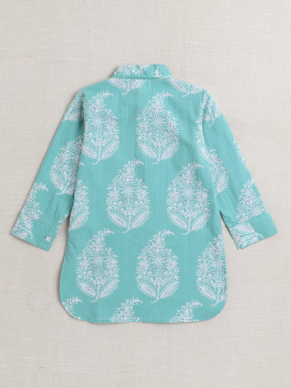 Cotton Full Sleeves Floral Printed Kurta & Pyjama Set - Blue
