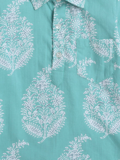 Cotton Full Sleeves Floral Printed Kurta & Pyjama Set - Blue