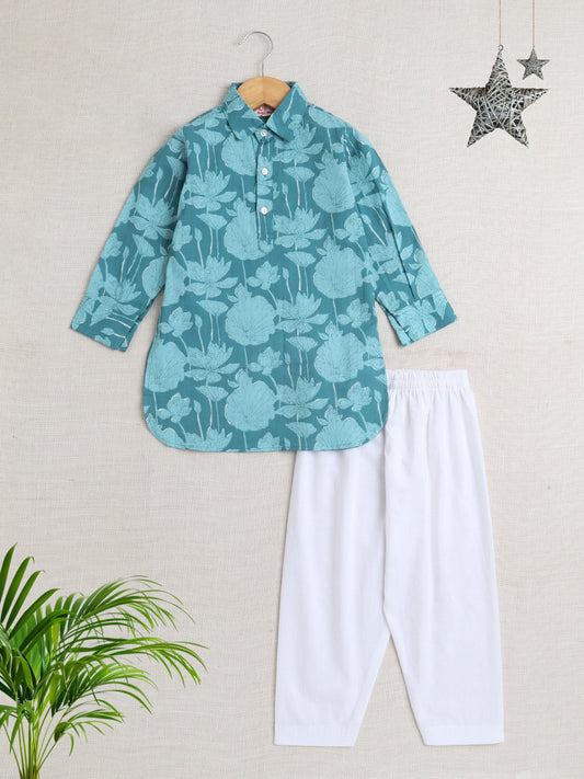 Cotton Full Sleeves Floral Printed Kurta With Pyjama Set - Teal Blue