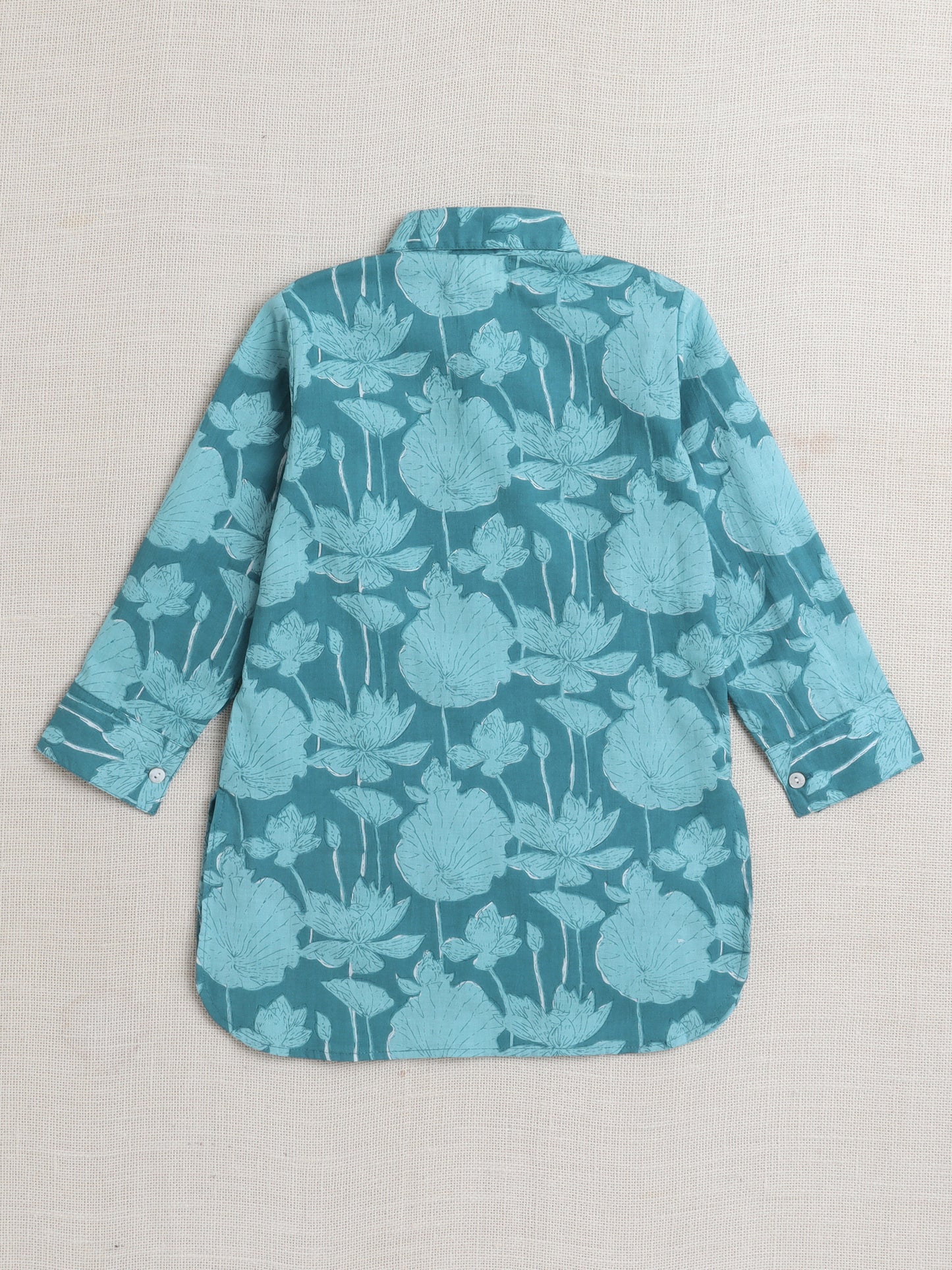 Cotton Full Sleeves Floral Printed Kurta With Pyjama Set - Teal Blue
