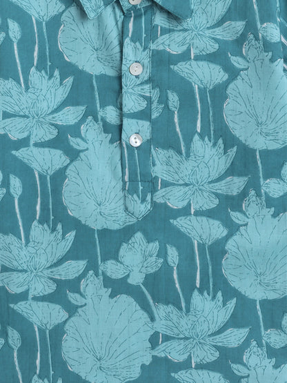 Cotton Full Sleeves Floral Printed Kurta With Pyjama Set - Teal Blue