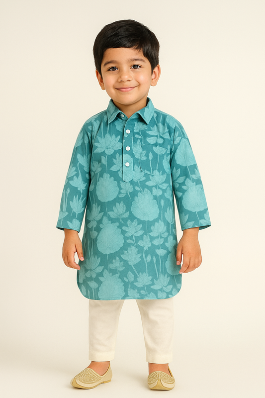 Cotton Full Sleeves Floral Printed Kurta With Pyjama Set - Teal Blue
