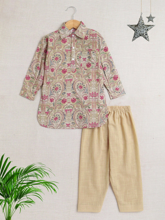 Cotton Full Sleeves Floral Printed Kurta Pyjama Set - Beige & Pink