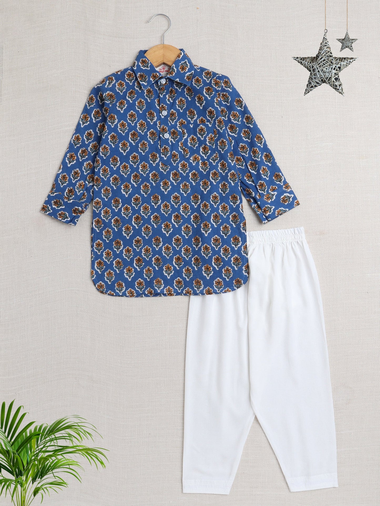 Cotton Full Sleeves Floral Motifs Printed  Pathani Kurta With Pyjama Set - Blue