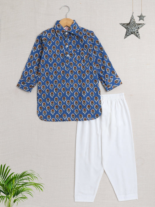 Cotton Full Sleeves Floral Motifs Printed  Pathani Kurta With Pyjama Set - Blue