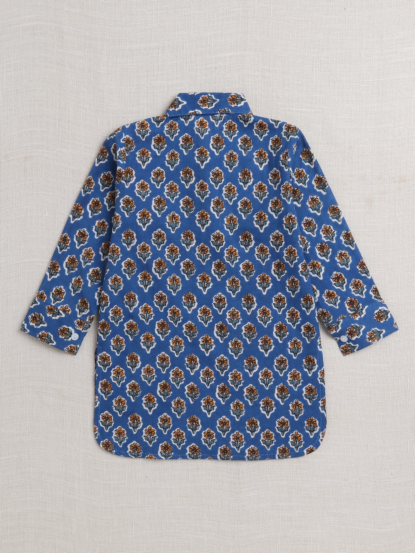 Cotton Full Sleeves Floral Motifs Printed  Pathani Kurta With Pyjama Set - Blue
