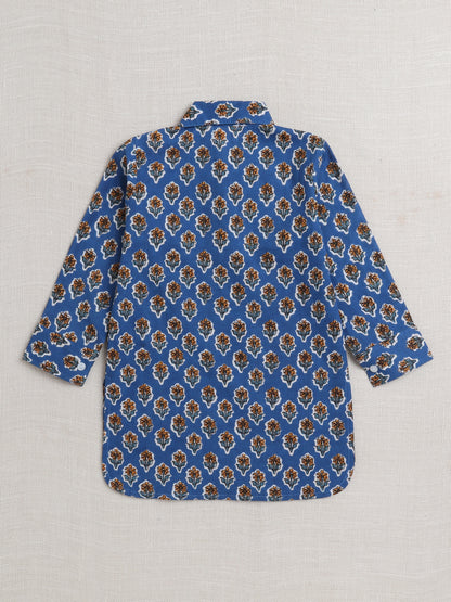 Cotton Full Sleeves Floral Motifs Printed  Pathani Kurta With Pyjama Set - Blue