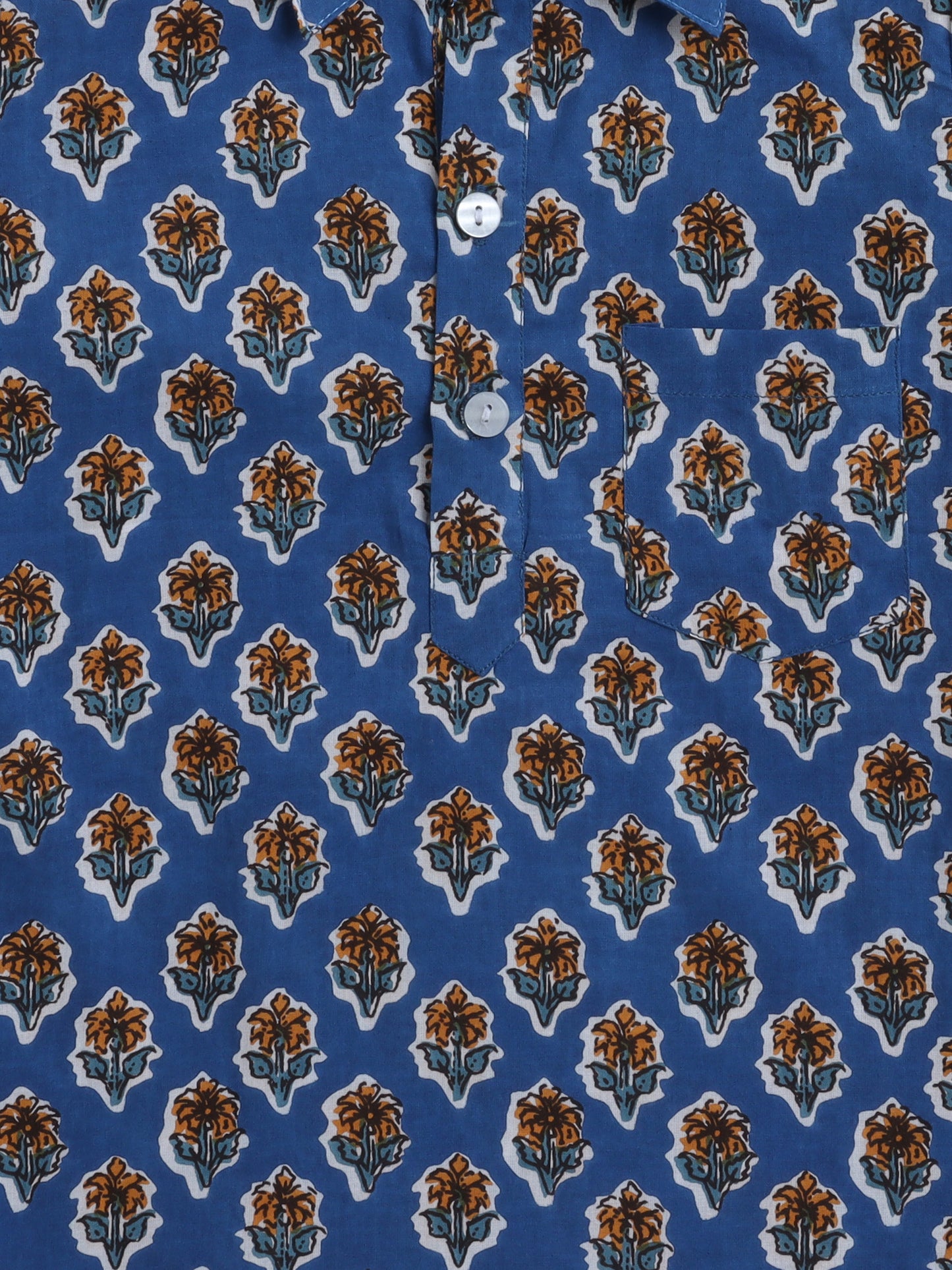 Cotton Full Sleeves Floral Motifs Printed  Pathani Kurta With Pyjama Set - Blue
