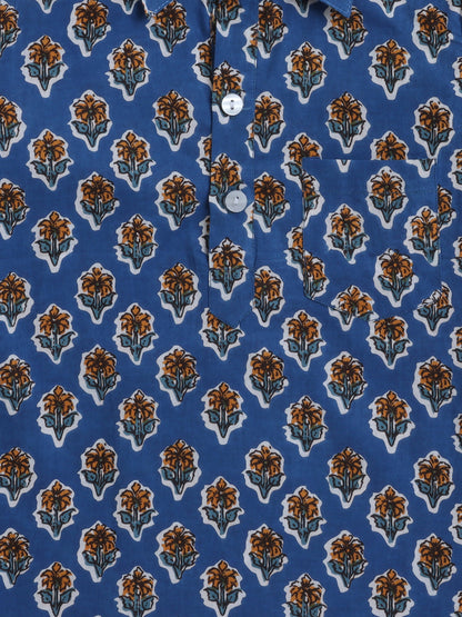 Cotton Full Sleeves Floral Motifs Printed  Pathani Kurta With Pyjama Set - Blue