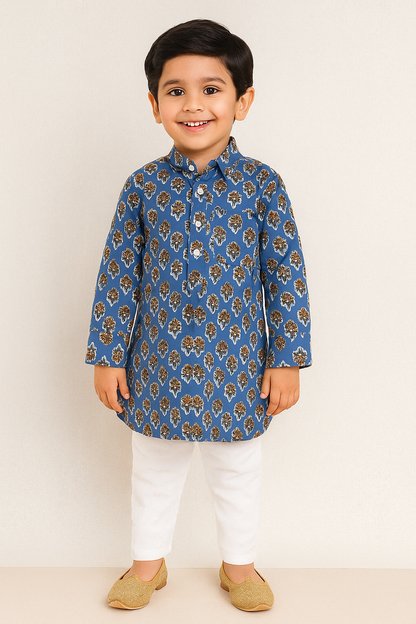 Cotton Full Sleeves Floral Motifs Printed  Pathani Kurta With Pyjama Set - Blue