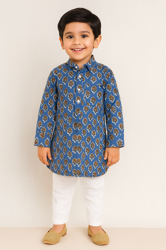 Cotton Full Sleeves Floral Motifs Printed  Pathani Kurta With Pyjama Set - Blue