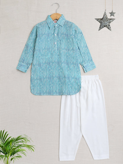 Cotton Full Sleeve Stripes Printed Pathani Kurta and Pyjama Set- Blue