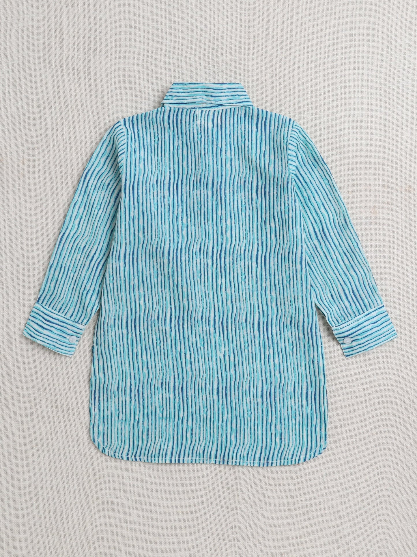 Cotton Full Sleeve Stripes Printed Pathani Kurta and Pyjama Set- Blue
