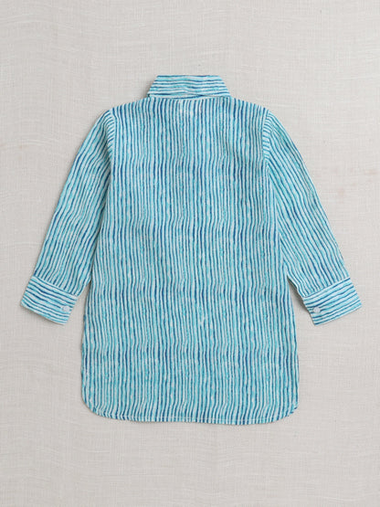 Cotton Full Sleeve Stripes Printed Pathani Kurta and Pyjama Set- Blue