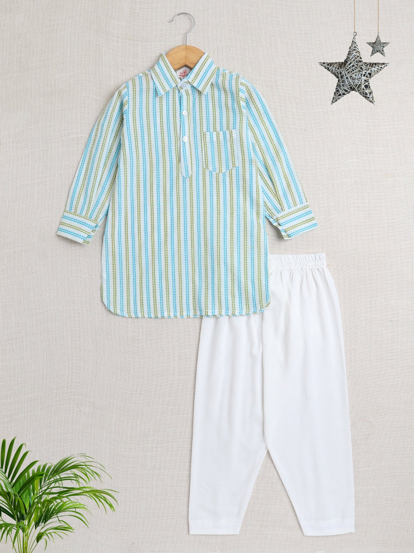Cotton Full Sleeves Striped Pathani Kurta With Pyjama Set - Green