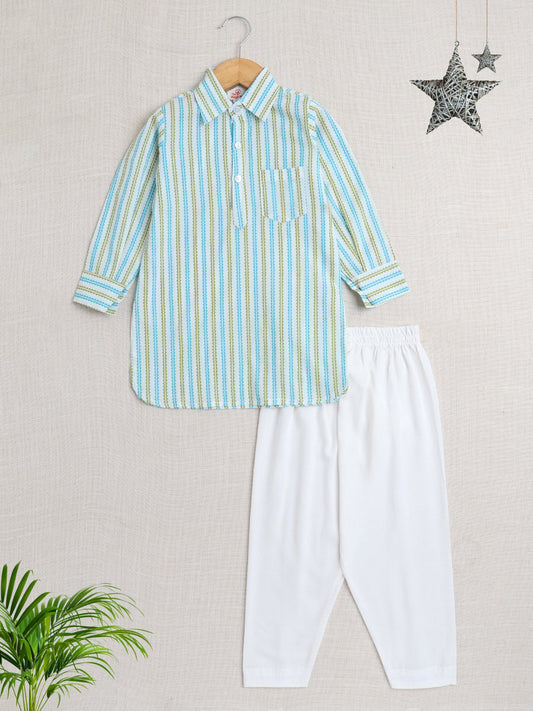 Cotton Full Sleeves Striped Pathani Kurta With Pyjama Set - Green