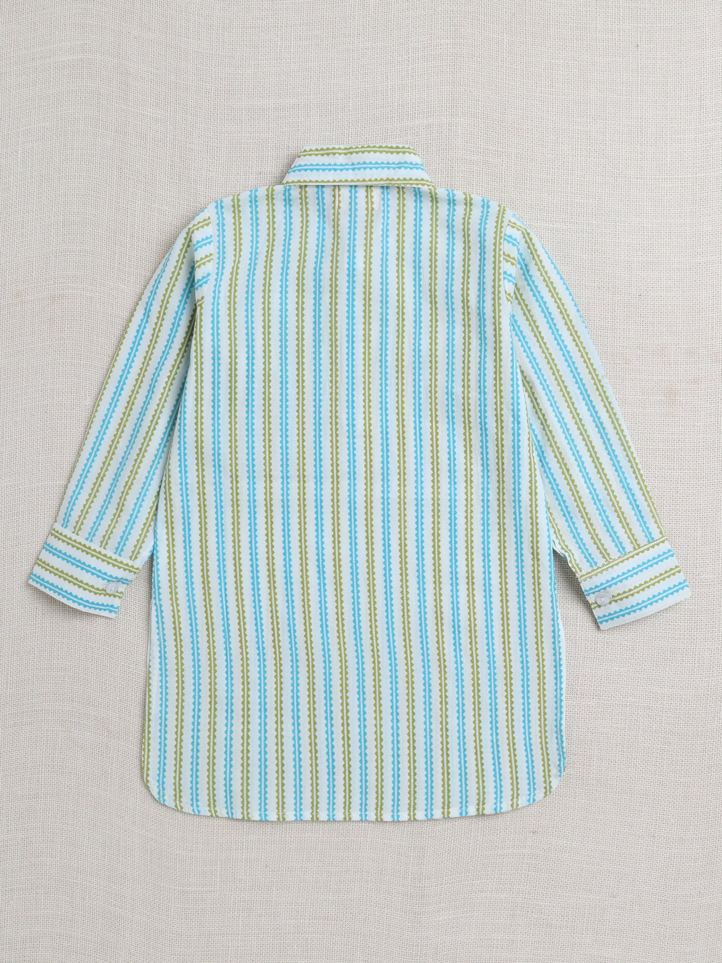 Cotton Full Sleeves Striped Pathani Kurta With Pyjama Set - Green