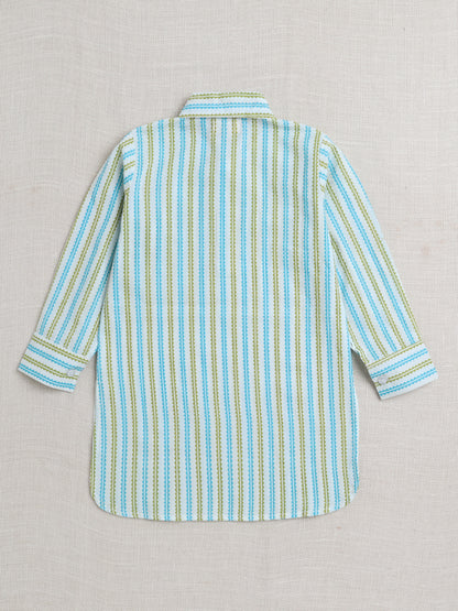 Cotton Full Sleeves Striped Pathani Kurta With Pyjama Set - Green