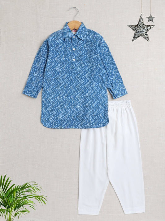 Cotton Full Sleeves Chevron Printed  Pathani Kurta With Pyjama Set - Blue
