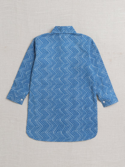 Cotton Full Sleeves Chevron Printed  Pathani Kurta With Pyjama Set - Blue