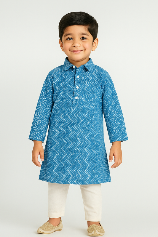 Cotton Full Sleeves Chevron Printed  Pathani Kurta With Pyjama Set - Blue