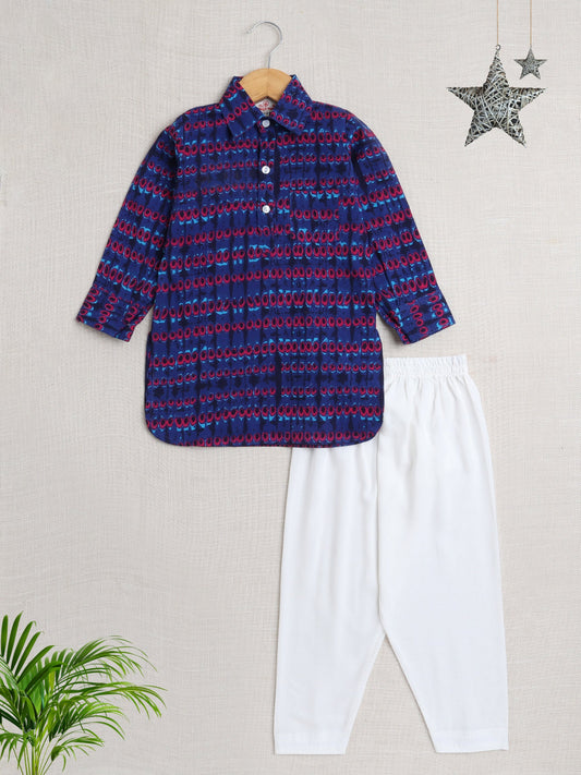 Cotton Full Sleeves Abstract Printed  Pathani Kurta With Pyjama Set - Royal Blue