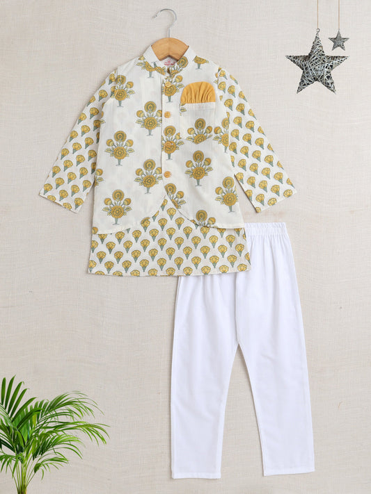 Cotton Full Sleeves Floral Printed Kurta Pyjama With Jacket Set - Yellow