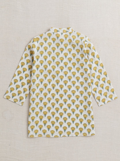 Cotton Full Sleeves Floral Printed Kurta Pyjama With Jacket Set - Yellow