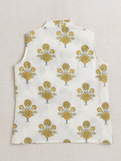 Cotton Full Sleeves Floral Printed Kurta Pyjama With Jacket Set - Yellow