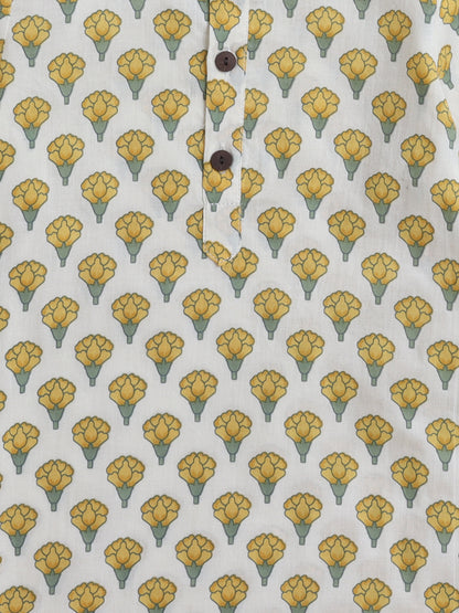 Cotton Full Sleeves Floral Printed Kurta Pyjama With Jacket Set - Yellow