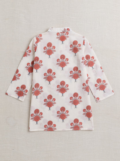 Cotton Full Sleeves Floral Printed Kurta Pyjama With Jacket Set - Coral