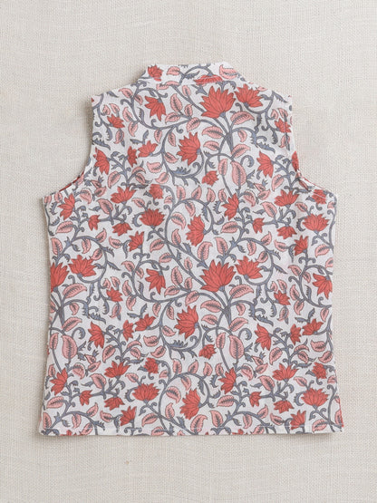Cotton Full Sleeves Floral Printed Kurta Pyjama With Jacket Set - Coral