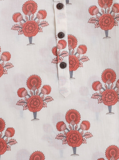 Cotton Full Sleeves Floral Printed Kurta Pyjama With Jacket Set - Coral