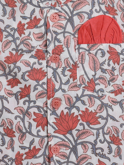 Cotton Full Sleeves Floral Printed Kurta Pyjama With Jacket Set - Coral