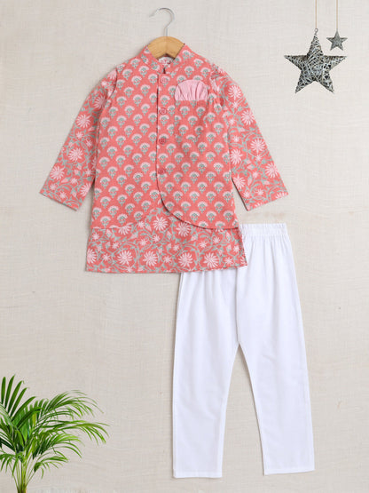 Full Sleeves Floral Printed Kurta Pyjama With Jacket Set - Peach